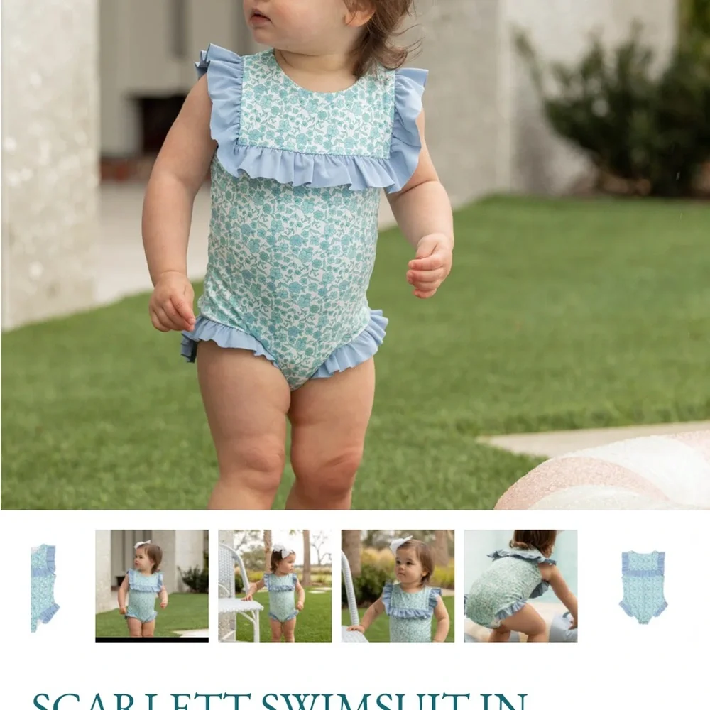 Boutique Baby Girls Blue Floral Ruffle One-Piece Swimsuit